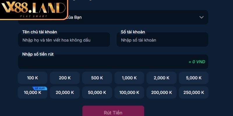 Rút Tiền VX88 Nhận Thưởng Nhanh Quy Trình Minh Bạch 2 Giao diện chính của rút tiền VX88